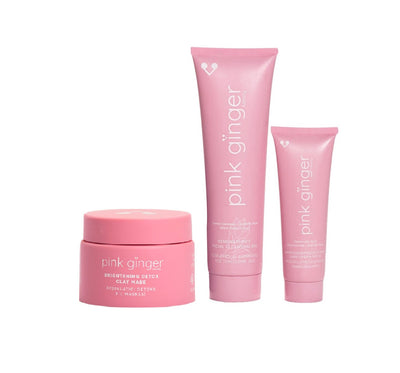Pink Ginger Beauty  - Vegan Pink Clay Mask , Moisturizing Cream, Cealnsing Gel  Spatula - Gifted Products